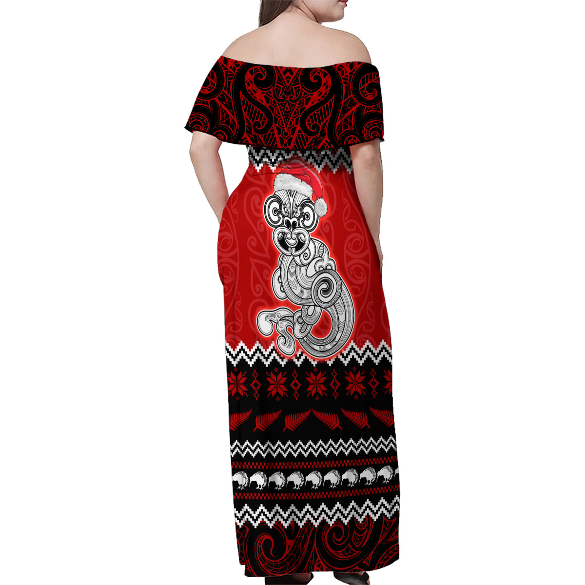 Personalised New Zealand Christmas Family Matching Off Shoulder Maxi Dress and Hawaiian Shirt Maori Tiki Meri Kirihimete LT9 - Wonder Print Shop
