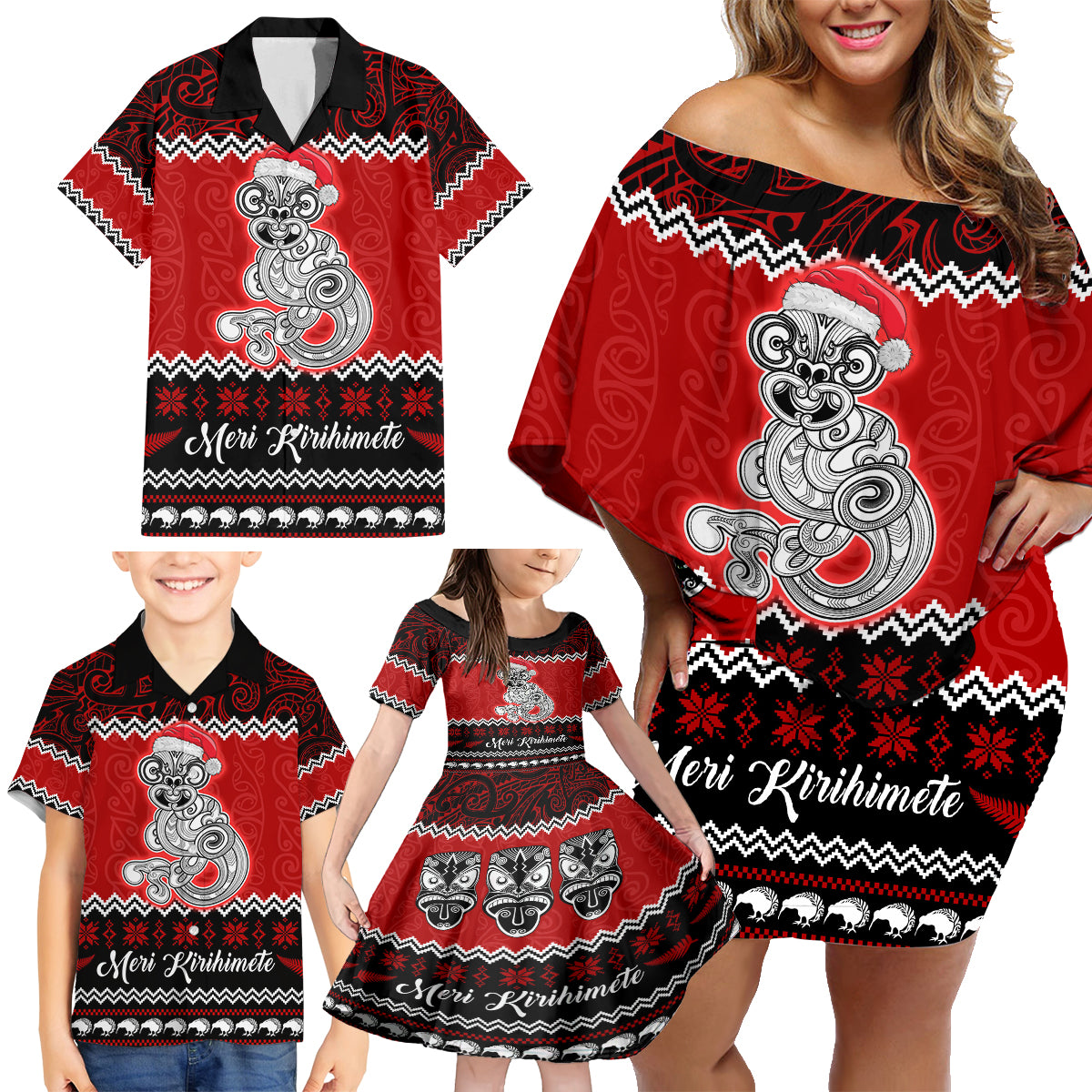 Personalised New Zealand Christmas Family Matching Off Shoulder Short Dress and Hawaiian Shirt Maori Tiki Meri Kirihimete LT9 - Wonder Print Shop