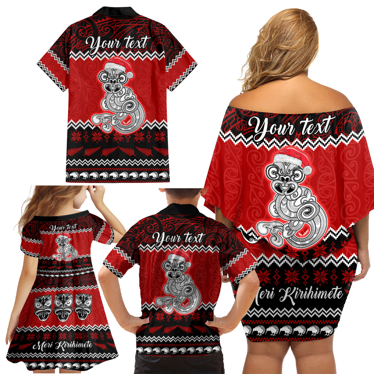 Personalised New Zealand Christmas Family Matching Off Shoulder Short Dress and Hawaiian Shirt Maori Tiki Meri Kirihimete LT9 - Wonder Print Shop