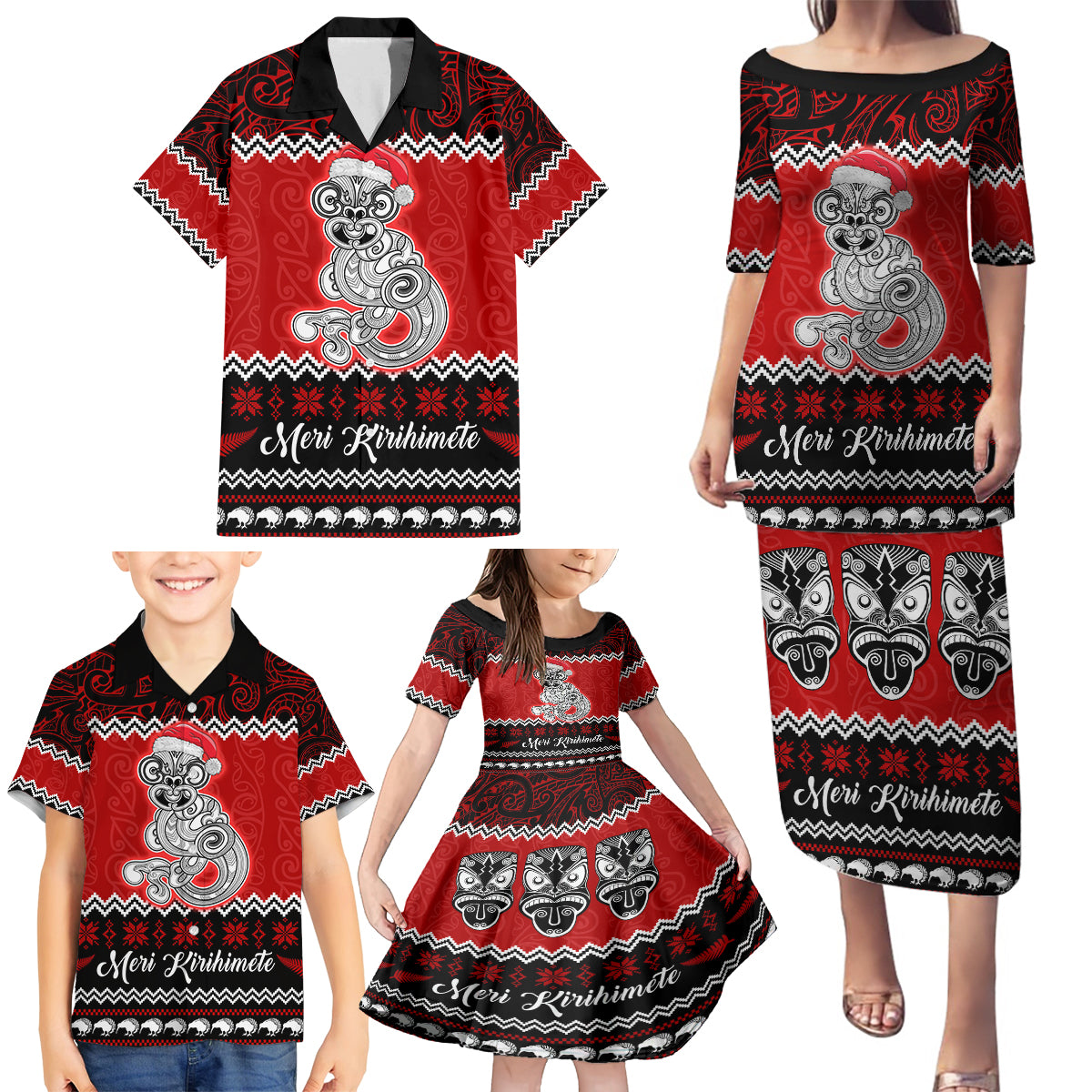 Personalised New Zealand Christmas Family Matching Puletasi Dress and Hawaiian Shirt Maori Tiki Meri Kirihimete - Wonder Print Shop
