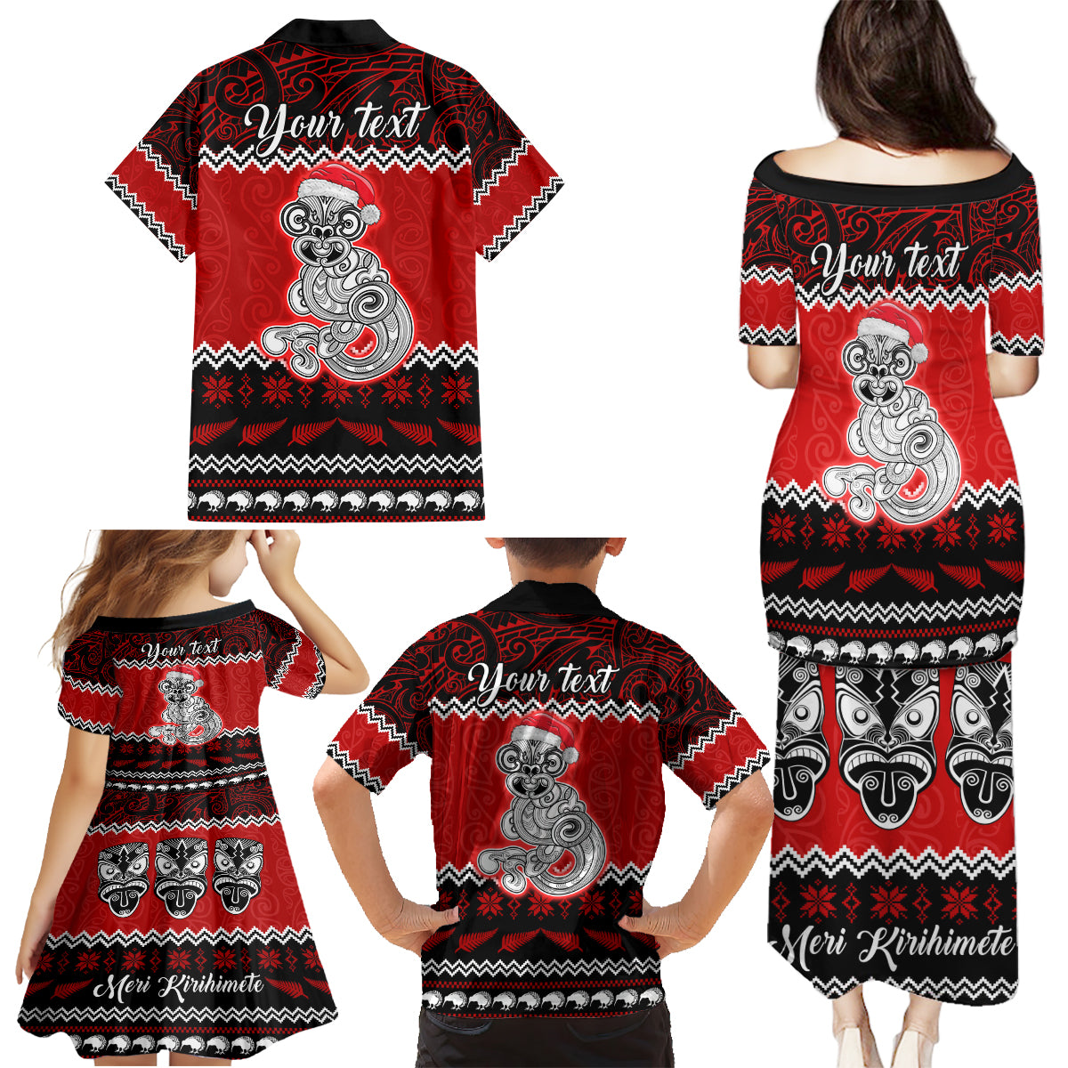 Personalised New Zealand Christmas Family Matching Puletasi Dress and Hawaiian Shirt Maori Tiki Meri Kirihimete - Wonder Print Shop
