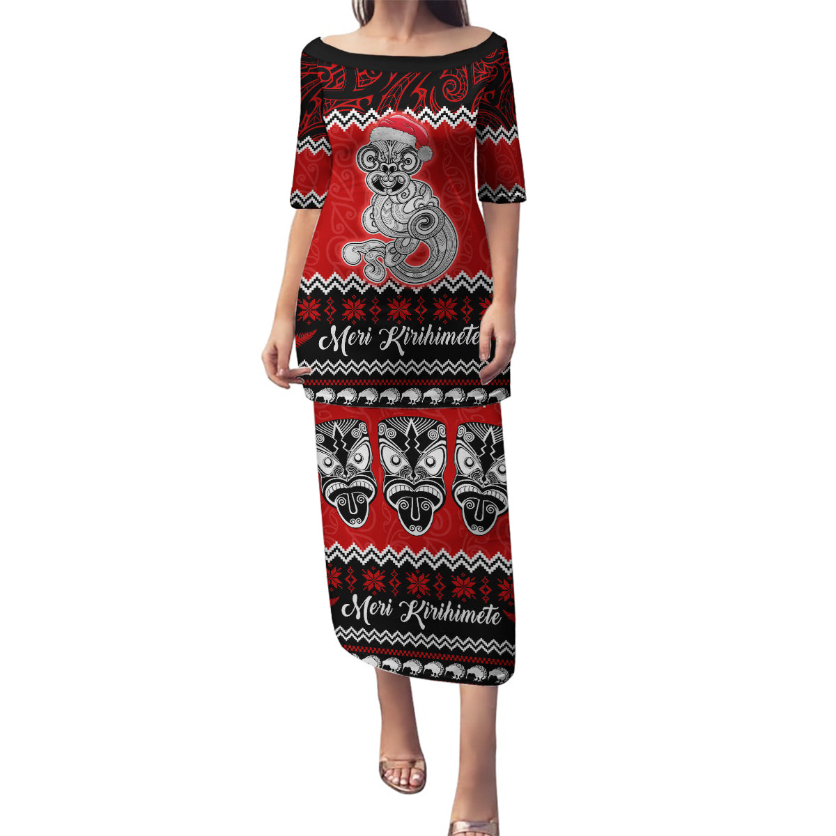 Personalised New Zealand Christmas Family Matching Puletasi Dress and Hawaiian Shirt Maori Tiki Meri Kirihimete - Wonder Print Shop