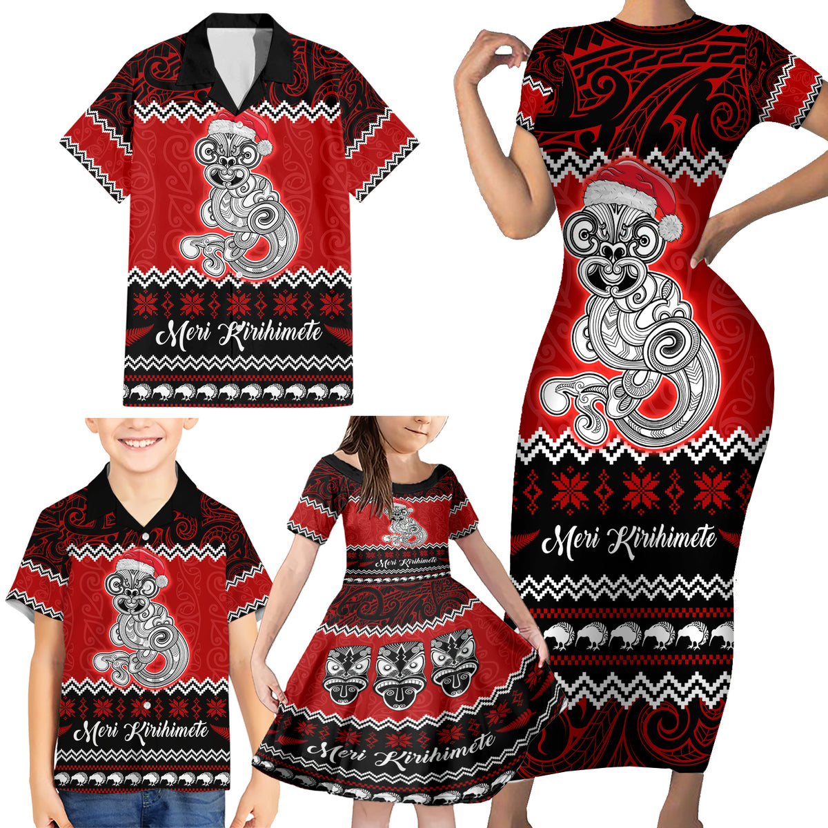 Personalised New Zealand Christmas Family Matching Short Sleeve Bodycon Dress and Hawaiian Shirt Maori Tiki Meri Kirihimete - Wonder Print Shop