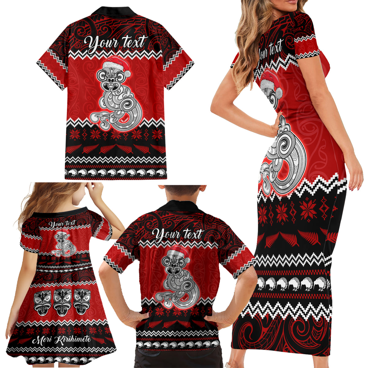 Personalised New Zealand Christmas Family Matching Short Sleeve Bodycon Dress and Hawaiian Shirt Maori Tiki Meri Kirihimete - Wonder Print Shop