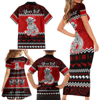 Personalised New Zealand Christmas Family Matching Short Sleeve Bodycon Dress and Hawaiian Shirt Maori Tiki Meri Kirihimete - Wonder Print Shop