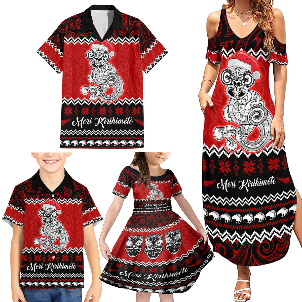 Personalised New Zealand Christmas Family Matching Summer Maxi Dress and Hawaiian Shirt Maori Tiki Meri Kirihimete - Wonder Print Shop