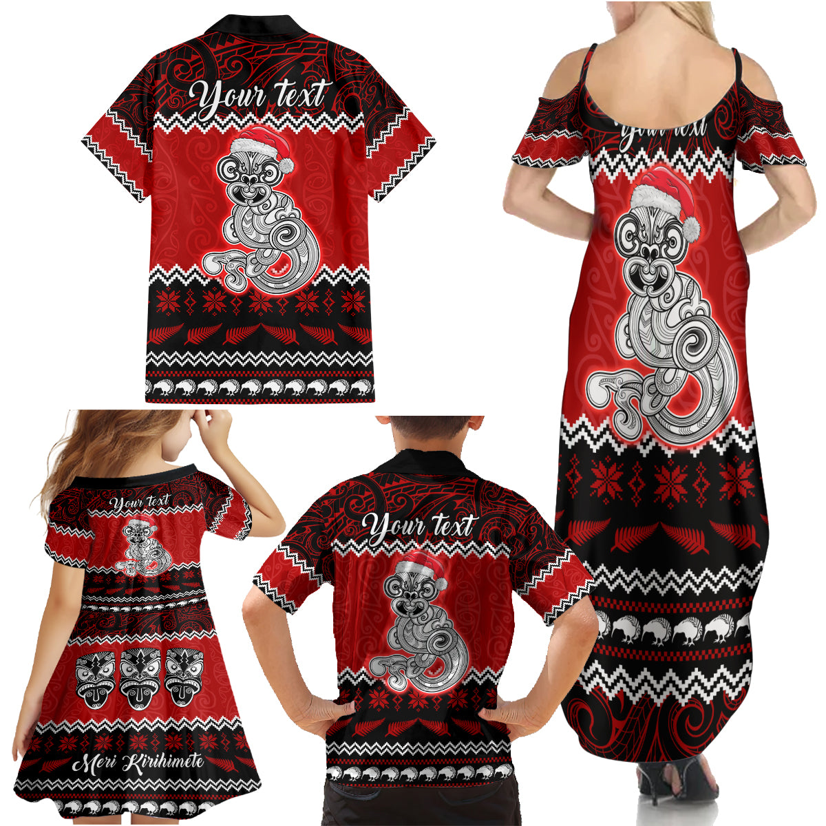 Personalised New Zealand Christmas Family Matching Summer Maxi Dress and Hawaiian Shirt Maori Tiki Meri Kirihimete - Wonder Print Shop