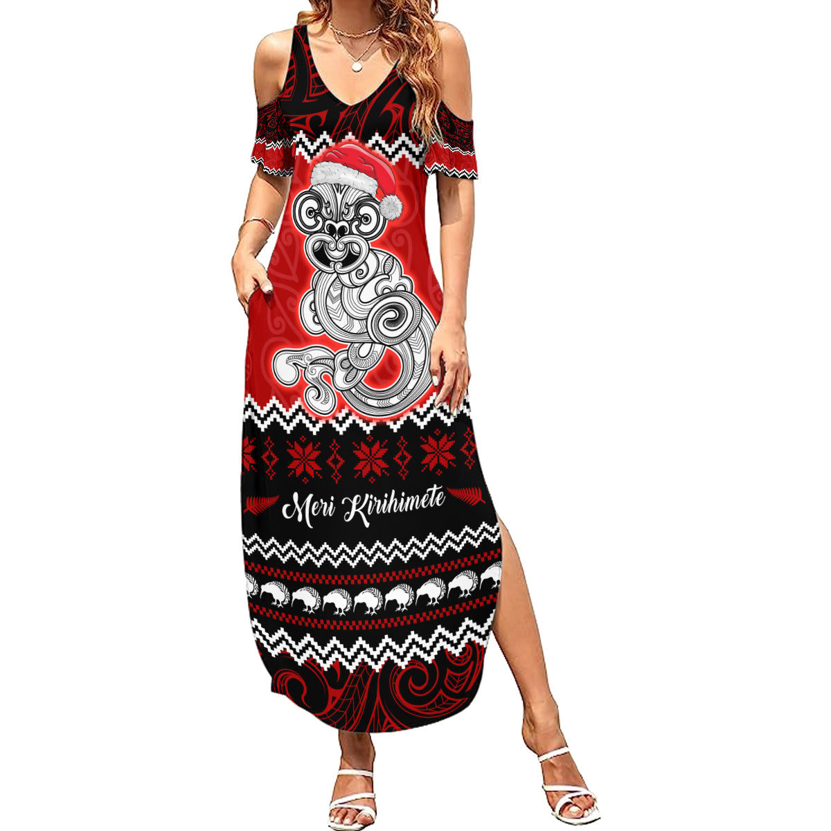 Personalised New Zealand Christmas Family Matching Summer Maxi Dress and Hawaiian Shirt Maori Tiki Meri Kirihimete - Wonder Print Shop