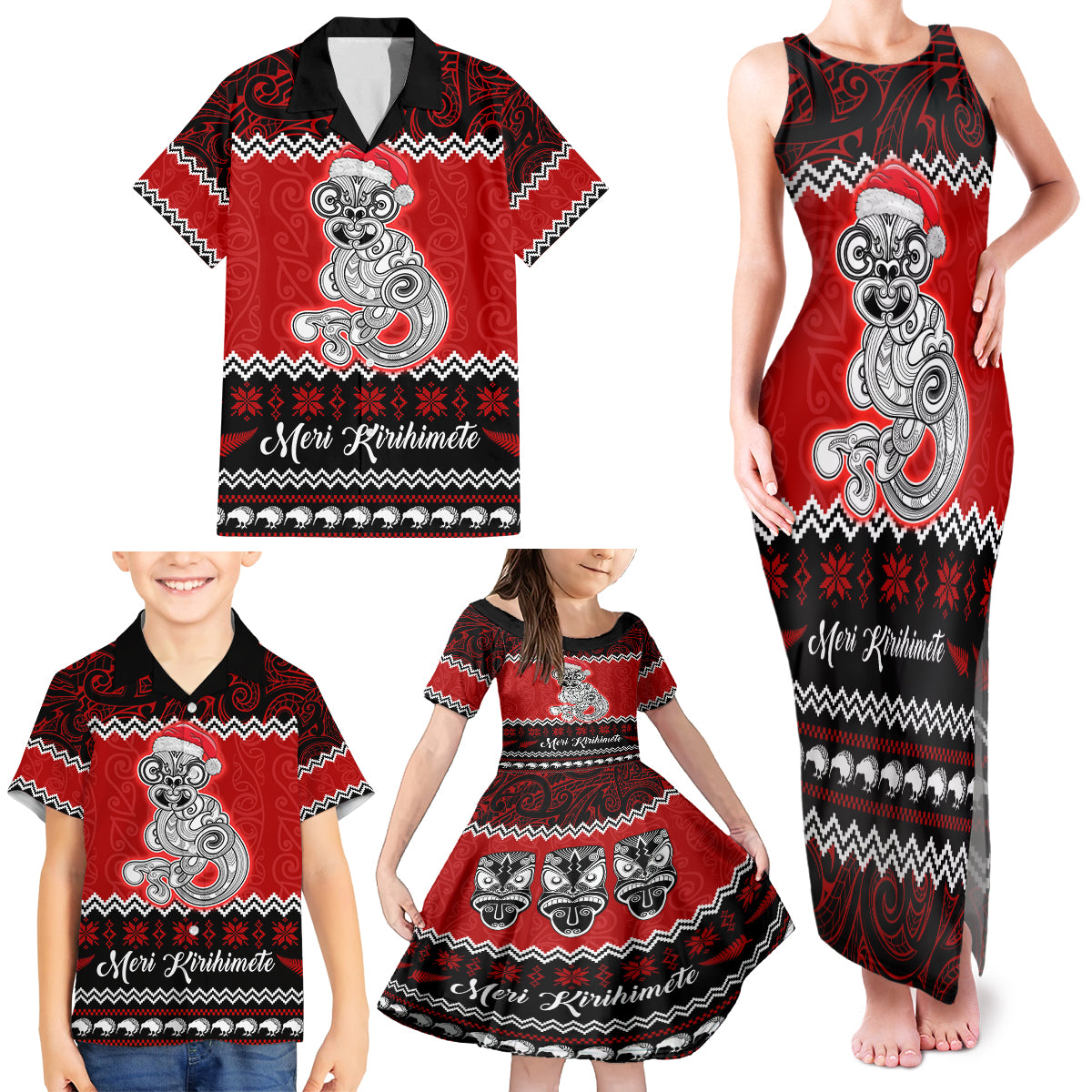 Personalised New Zealand Christmas Family Matching Tank Maxi Dress and Hawaiian Shirt Maori Tiki Meri Kirihimete - Wonder Print Shop