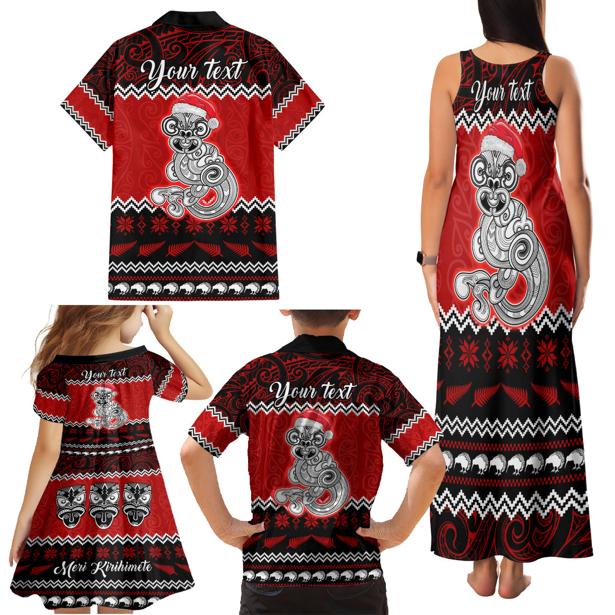 Personalised New Zealand Christmas Family Matching Tank Maxi Dress and Hawaiian Shirt Maori Tiki Meri Kirihimete - Wonder Print Shop
