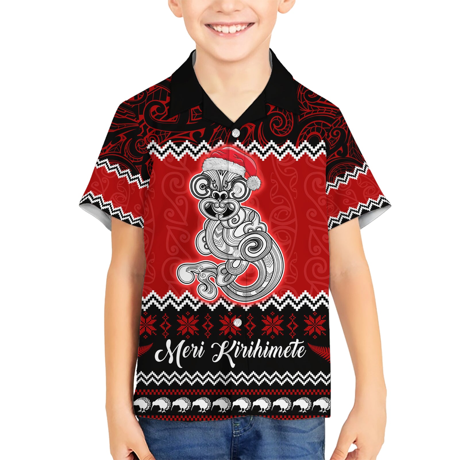 Personalised New Zealand Christmas Kid Hawaiian Shirt Maori Tiki Meri Kirihimete - Wonder Print Shop