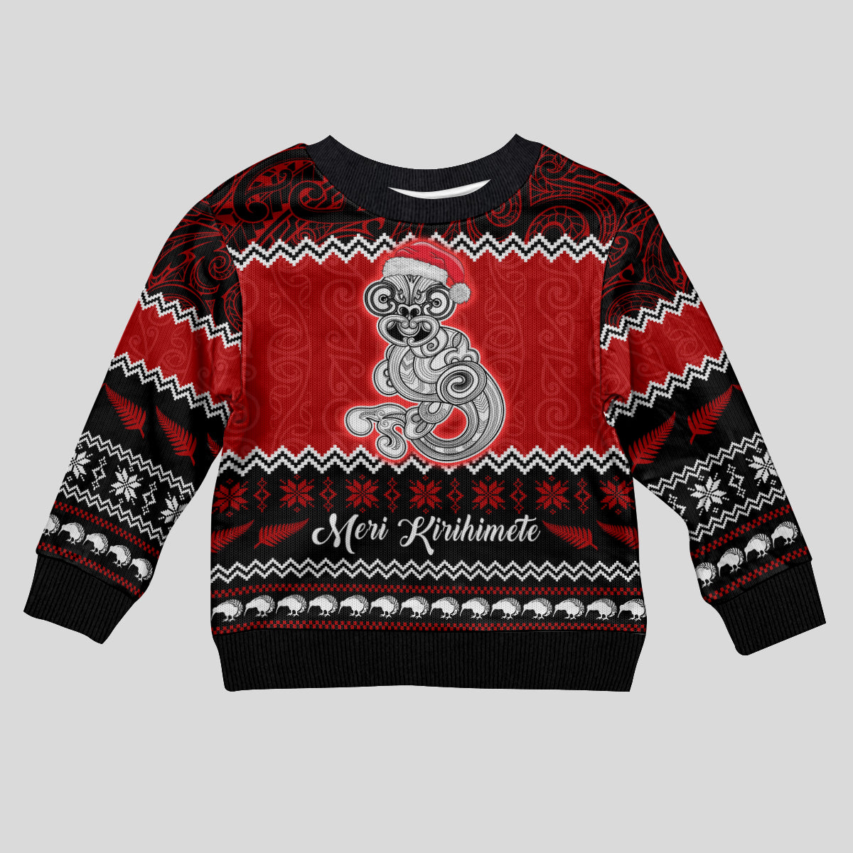 Personalised New Zealand Christmas Kid Ugly Christmas Sweater Maori Tiki Meri Kirihimete - Wonder Print Shop