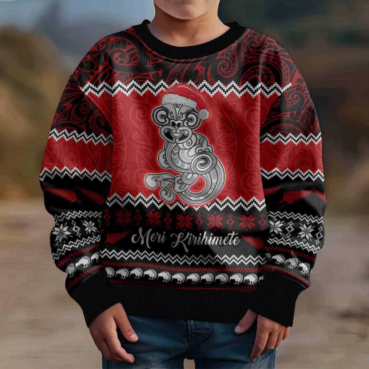 Personalised New Zealand Christmas Kid Ugly Christmas Sweater Maori Tiki Meri Kirihimete - Wonder Print Shop