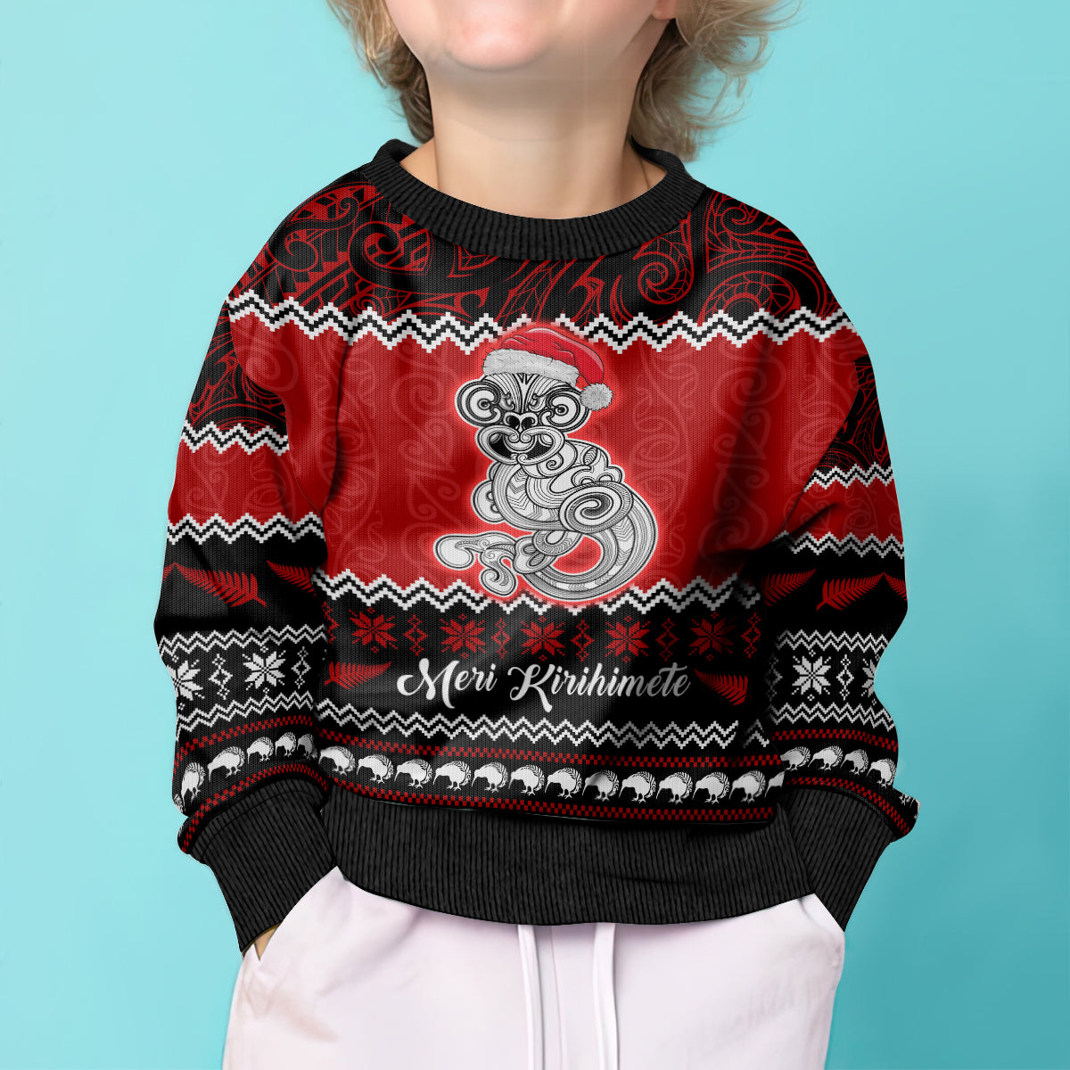 Personalised New Zealand Christmas Kid Ugly Christmas Sweater Maori Tiki Meri Kirihimete - Wonder Print Shop