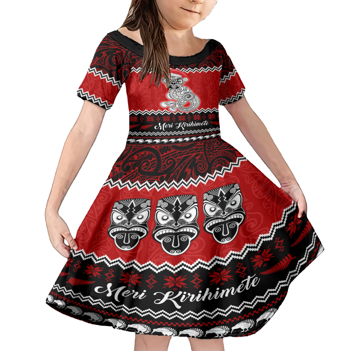 Personalised New Zealand Christmas Kid Short Sleeve Dress Maori Tiki Meri Kirihimete - Wonder Print Shop