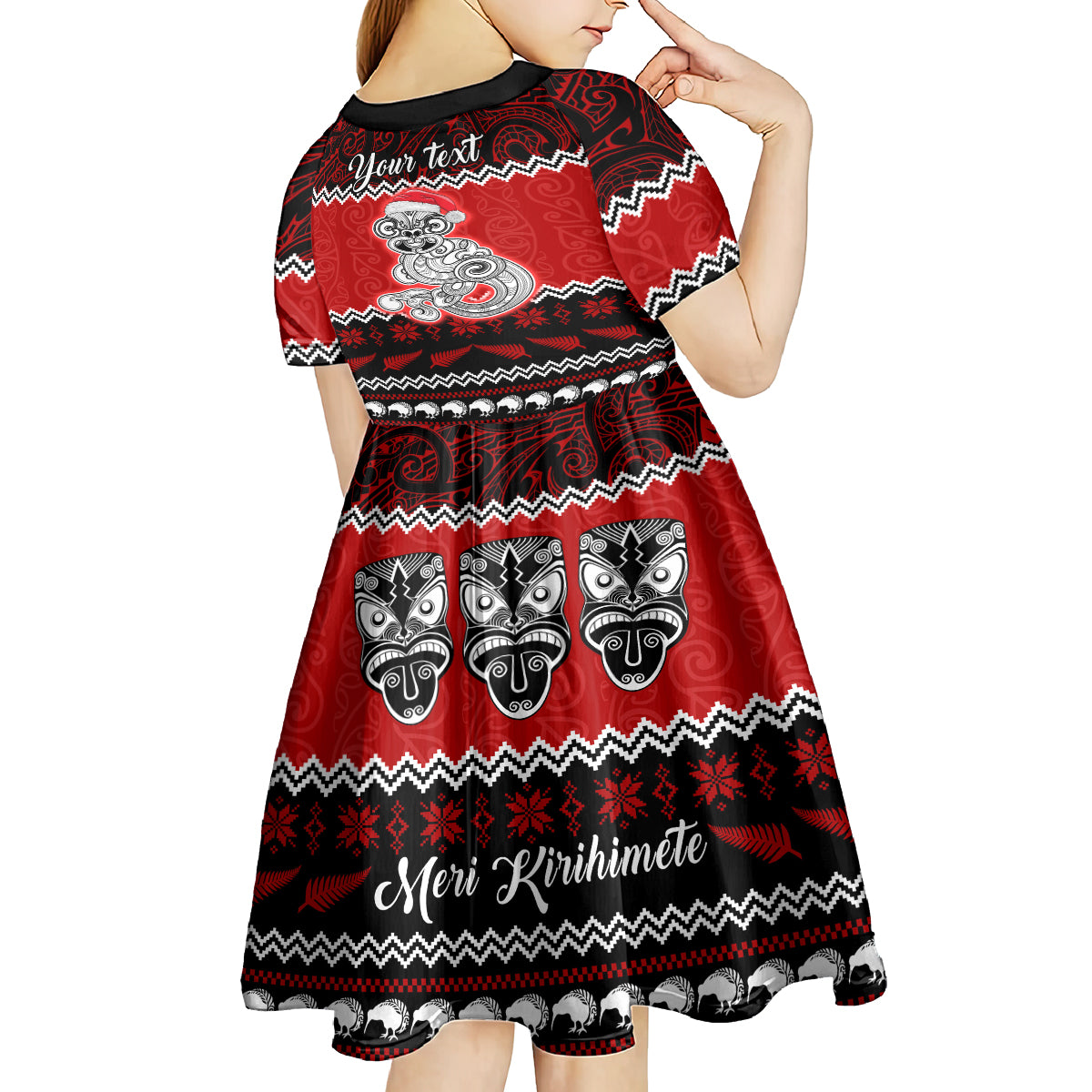 Personalised New Zealand Christmas Kid Short Sleeve Dress Maori Tiki Meri Kirihimete - Wonder Print Shop
