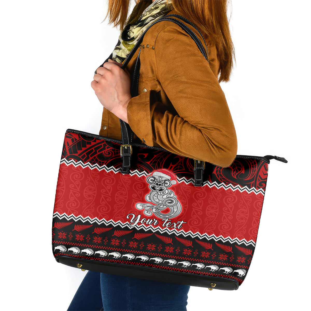 Personalised New Zealand Christmas Leather Tote Bag Maori Tiki Meri Kirihimete - Wonder Print Shop