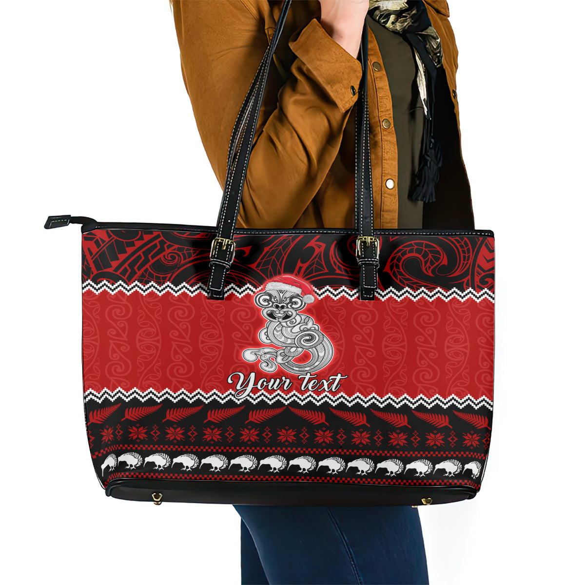 Personalised New Zealand Christmas Leather Tote Bag Maori Tiki Meri Kirihimete - Wonder Print Shop