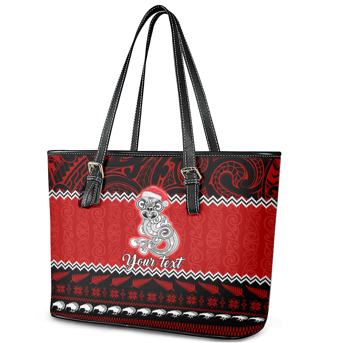 Personalised New Zealand Christmas Leather Tote Bag Maori Tiki Meri Kirihimete - Wonder Print Shop