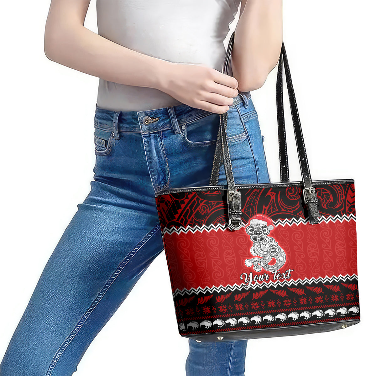 Personalised New Zealand Christmas Leather Tote Bag Maori Tiki Meri Kirihimete - Wonder Print Shop