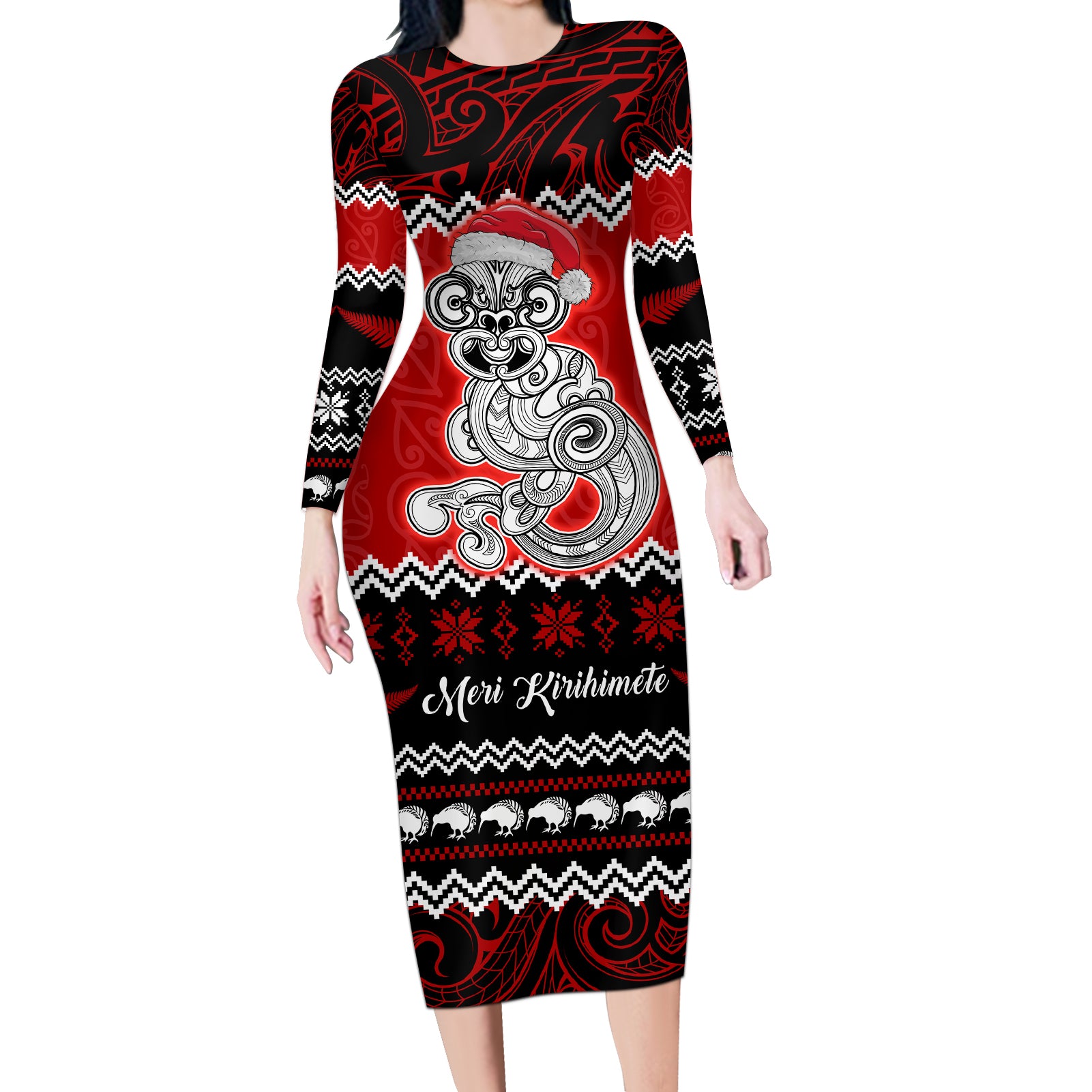Personalised New Zealand Christmas Long Sleeve Bodycon Dress Maori Tiki Meri Kirihimete - Wonder Print Shop
