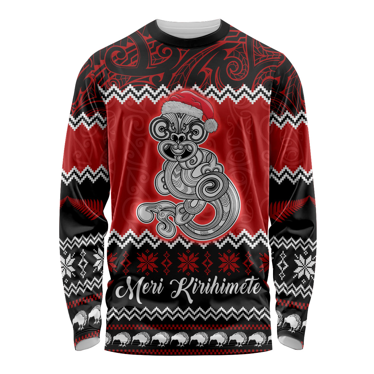 Personalised New Zealand Christmas Long Sleeve Shirt Maori Tiki Meri Kirihimete - Wonder Print Shop
