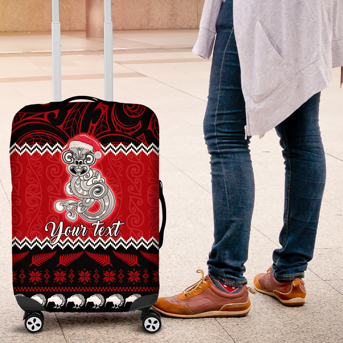 Personalised New Zealand Christmas Luggage Cover Maori Tiki Meri Kirihimete - Wonder Print Shop