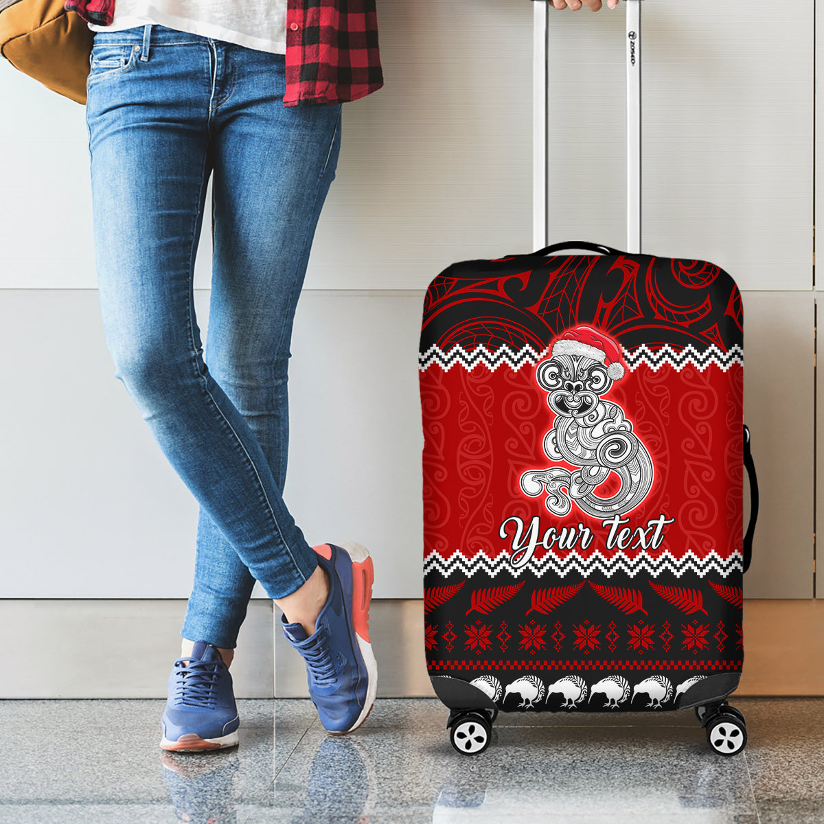 Personalised New Zealand Christmas Luggage Cover Maori Tiki Meri Kirihimete - Wonder Print Shop