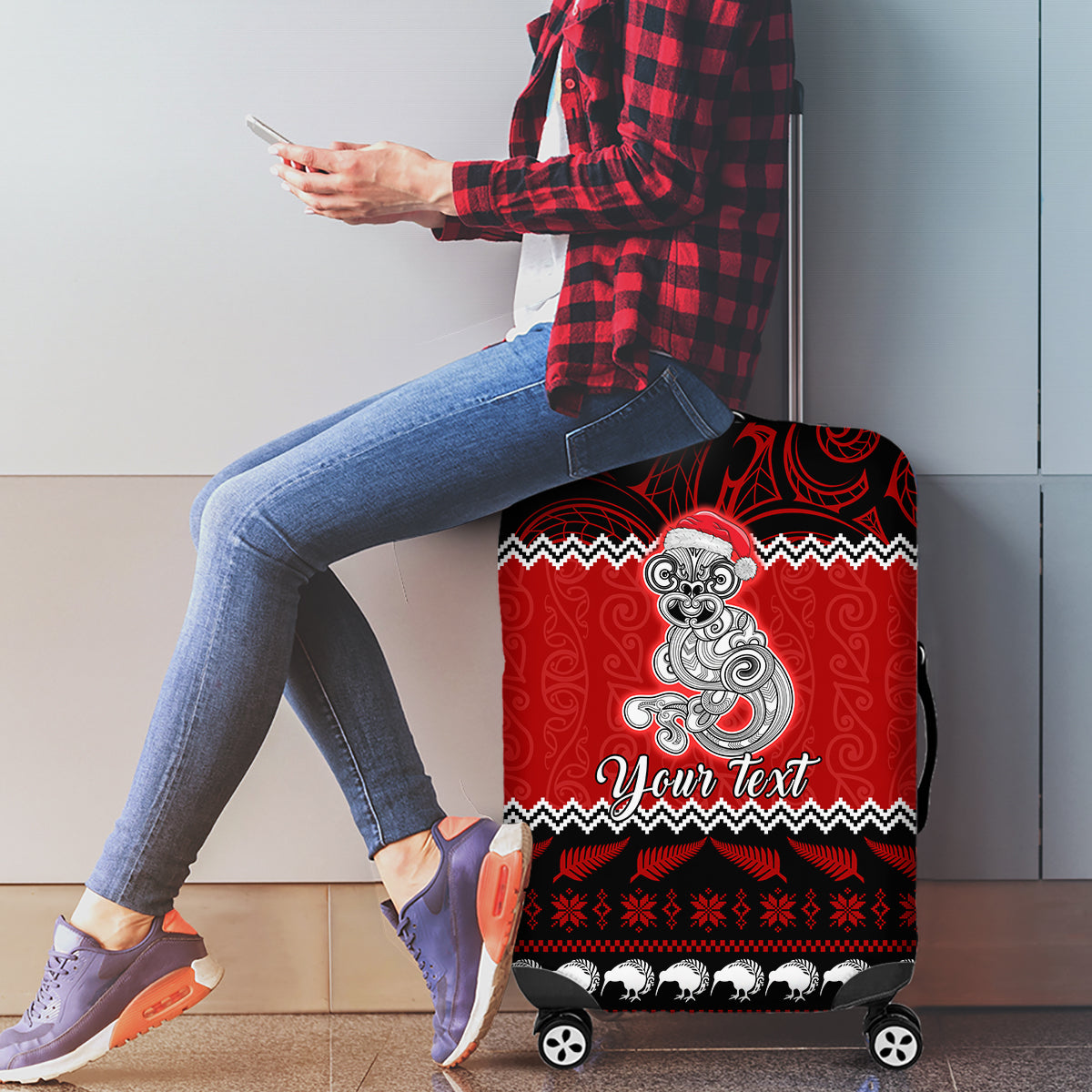 Personalised New Zealand Christmas Luggage Cover Maori Tiki Meri Kirihimete - Wonder Print Shop