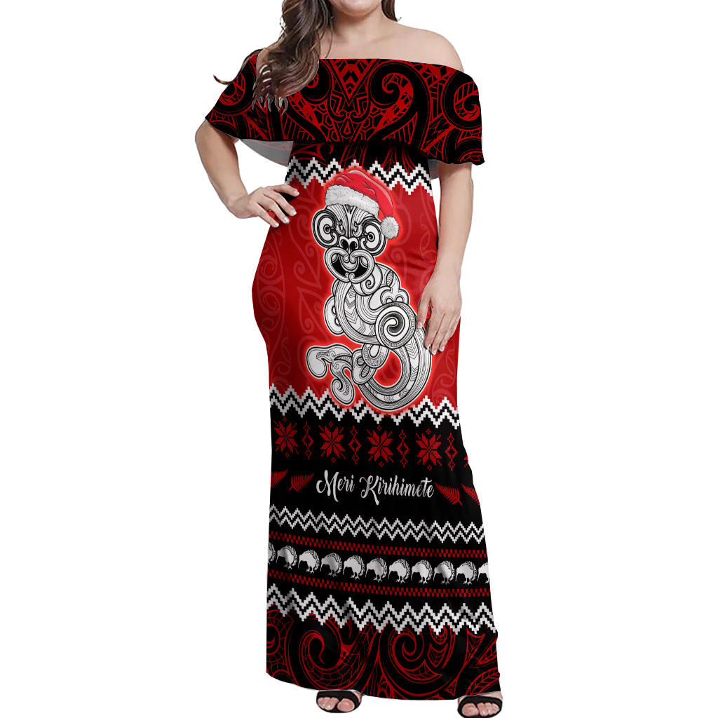 Personalised New Zealand Christmas Off Shoulder Maxi Dress Maori Tiki Meri Kirihimete - Wonder Print Shop