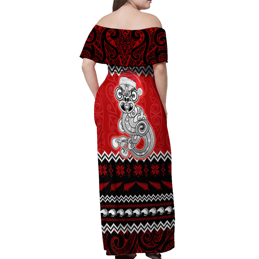 Personalised New Zealand Christmas Off Shoulder Maxi Dress Maori Tiki Meri Kirihimete - Wonder Print Shop