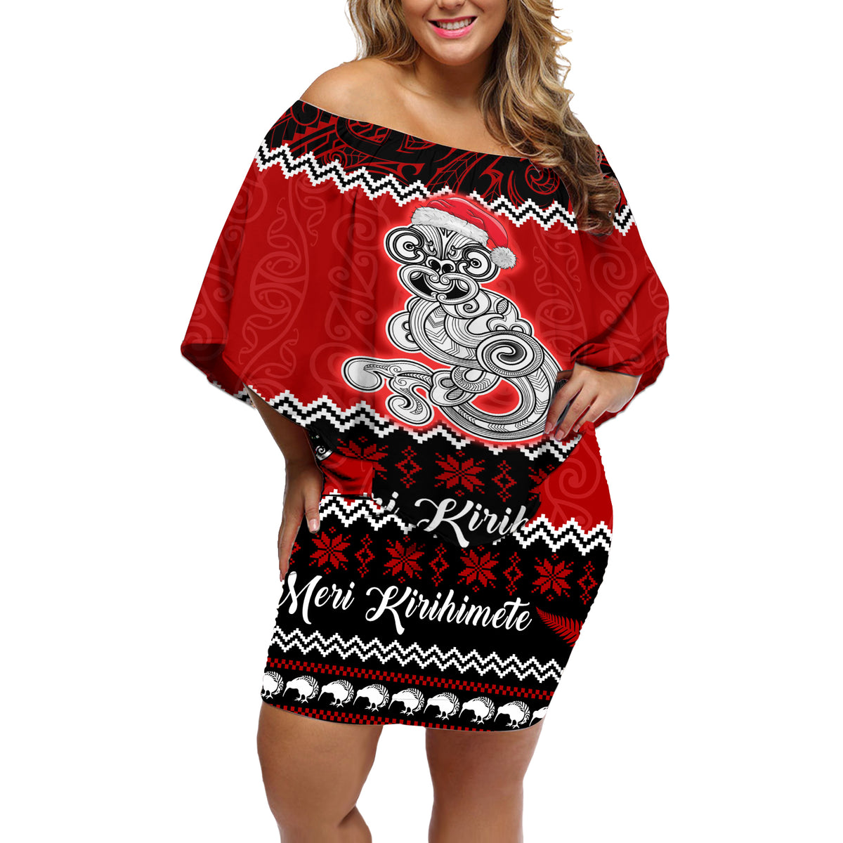 Personalised New Zealand Christmas Off Shoulder Short Dress Maori Tiki Meri Kirihimete - Wonder Print Shop