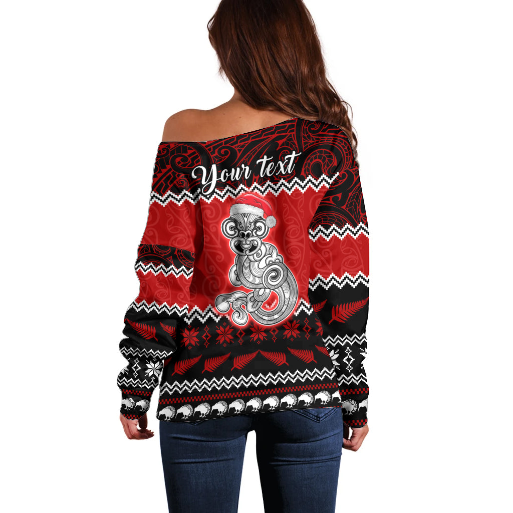 Personalised New Zealand Christmas Off Shoulder Sweater Maori Tiki Meri Kirihimete - Wonder Print Shop