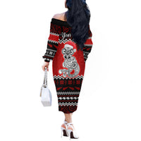Personalised New Zealand Christmas Off The Shoulder Long Sleeve Dress Maori Tiki Meri Kirihimete - Wonder Print Shop
