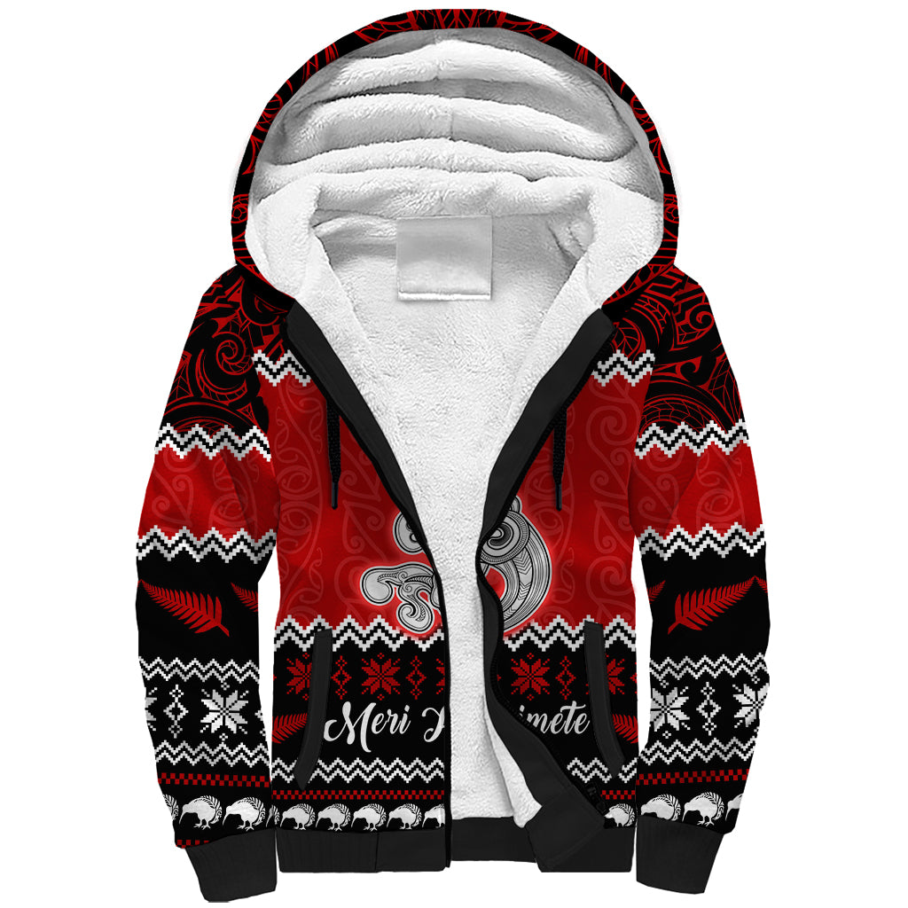 Personalised New Zealand Christmas Sherpa Hoodie Maori Tiki Meri Kirihimete - Wonder Print Shop