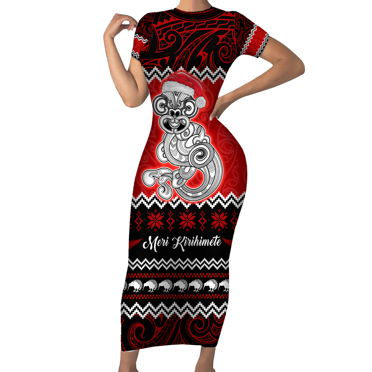 Personalised New Zealand Christmas Short Sleeve Bodycon Dress Maori Tiki Meri Kirihimete - Wonder Print Shop
