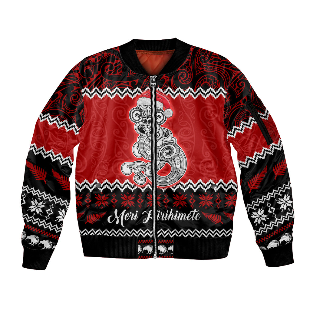 Personalised New Zealand Christmas Sleeve Zip Bomber Jacket Maori Tiki Meri Kirihimete - Wonder Print Shop
