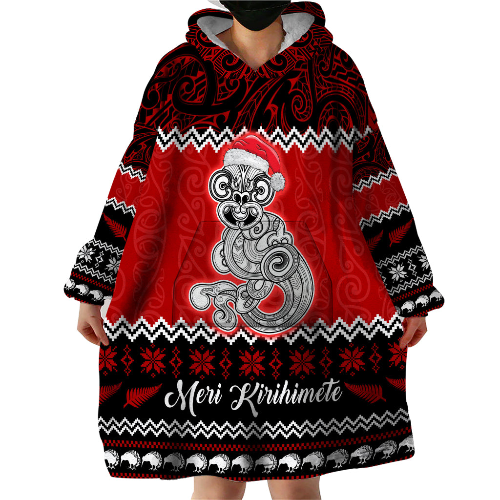 Personalised New Zealand Christmas Wearable Blanket Hoodie Maori Tiki Meri Kirihimete - Wonder Print Shop