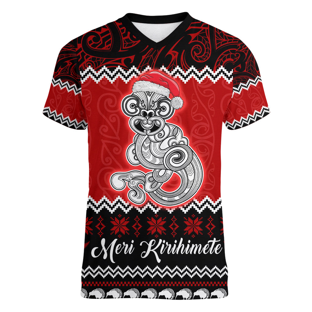 Personalised New Zealand Christmas Women V Neck T Shirt Maori Tiki Meri Kirihimete - Wonder Print Shop