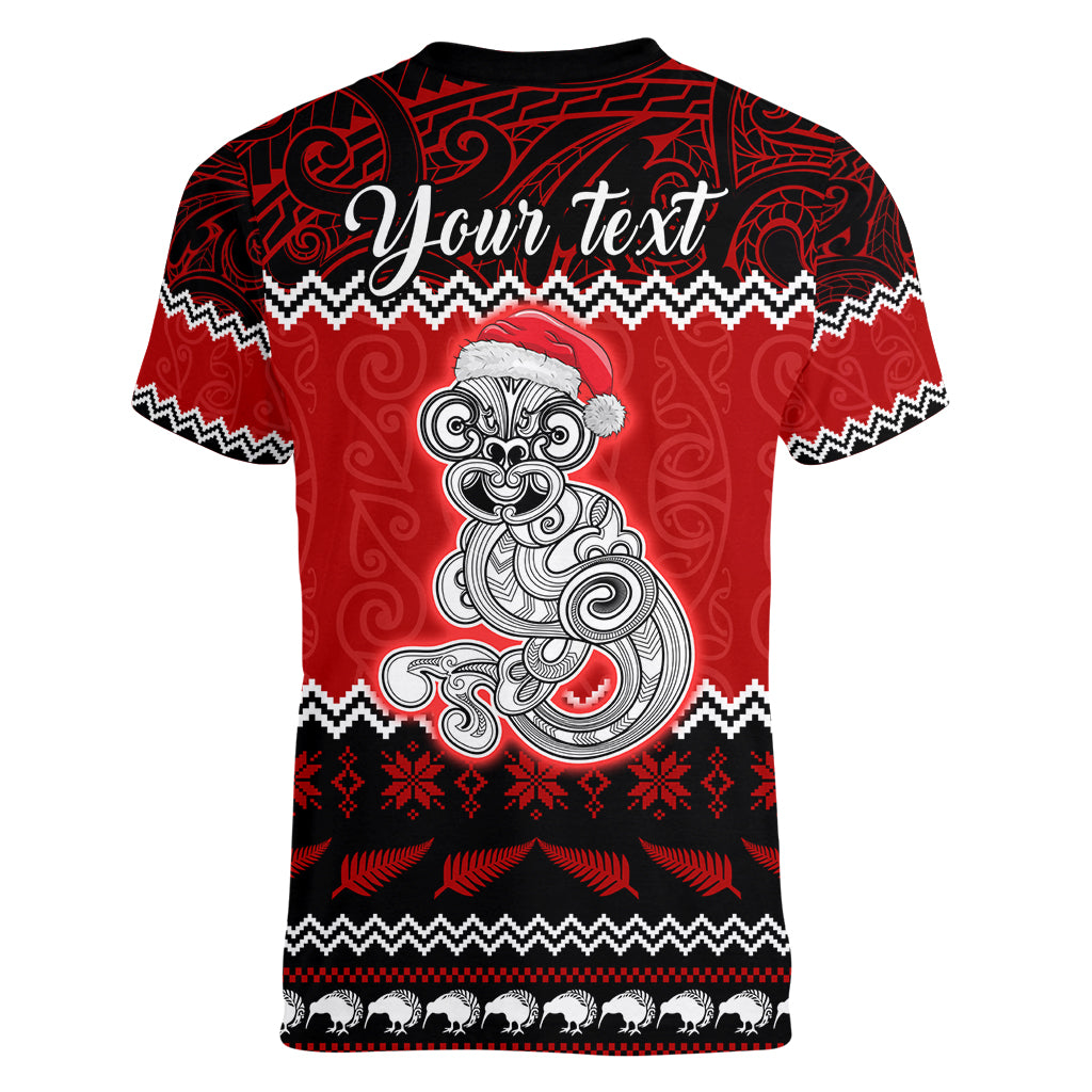 Personalised New Zealand Christmas Women V Neck T Shirt Maori Tiki Meri Kirihimete - Wonder Print Shop