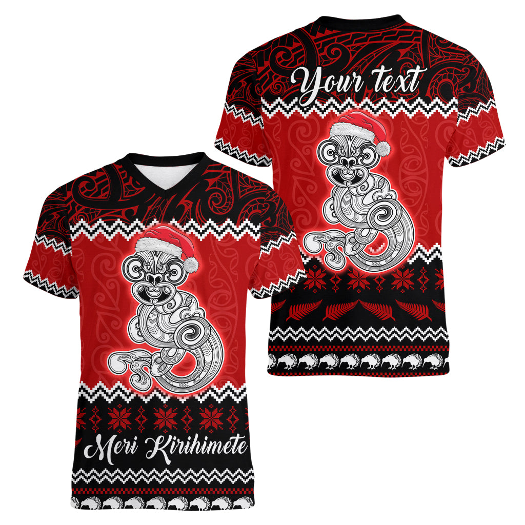 Personalised New Zealand Christmas Women V Neck T Shirt Maori Tiki Meri Kirihimete - Wonder Print Shop