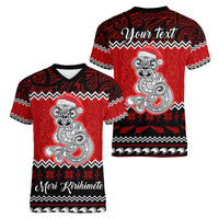 Personalised New Zealand Christmas Women V Neck T Shirt Maori Tiki Meri Kirihimete - Wonder Print Shop