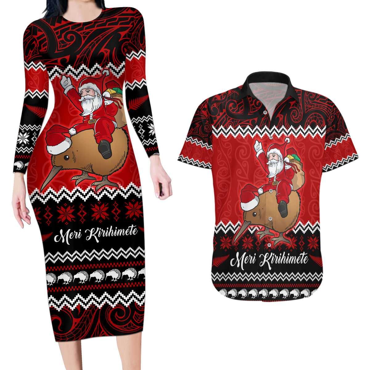 Personalised New Zealand Christmas Couples Matching Long Sleeve Bodycon Dress and Hawaiian Shirt Kiwi Santa Claus Maori Meri Kirihimete LT9 - Wonder Print Shop