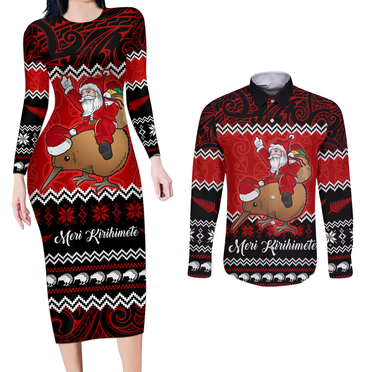 Personalised New Zealand Christmas Couples Matching Long Sleeve Bodycon Dress and Long Sleeve Button Shirt Kiwi Santa Claus Maori Meri Kirihimete LT9 - Wonder Print Shop