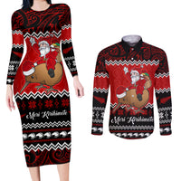 Personalised New Zealand Christmas Couples Matching Long Sleeve Bodycon Dress and Long Sleeve Button Shirt Kiwi Santa Claus Maori Meri Kirihimete LT9 - Wonder Print Shop