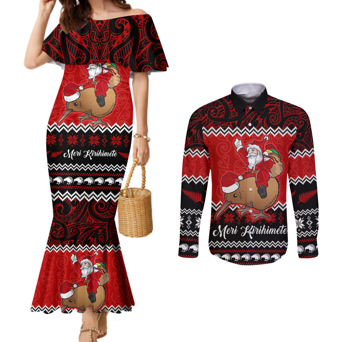 personalised-new-zealand-christmas-couples-matching-mermaid-dress-and-long-sleeve-button-shirt-kiwi-santa-claus-maori-meri-kirihimete