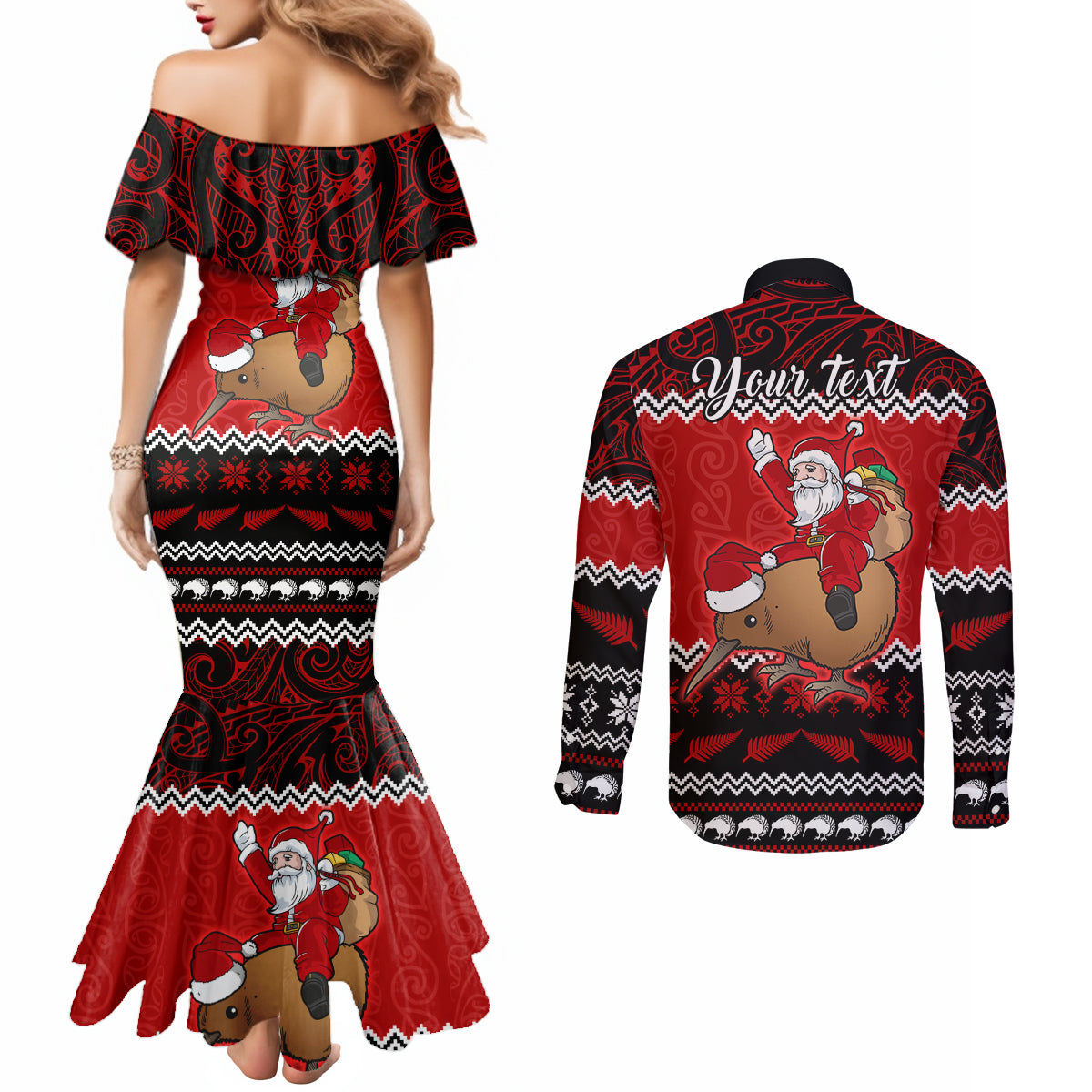 personalised-new-zealand-christmas-couples-matching-mermaid-dress-and-long-sleeve-button-shirt-kiwi-santa-claus-maori-meri-kirihimete