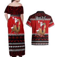 Personalised New Zealand Christmas Couples Matching Off Shoulder Maxi Dress and Hawaiian Shirt Kiwi Santa Claus Maori Meri Kirihimete LT9 - Wonder Print Shop
