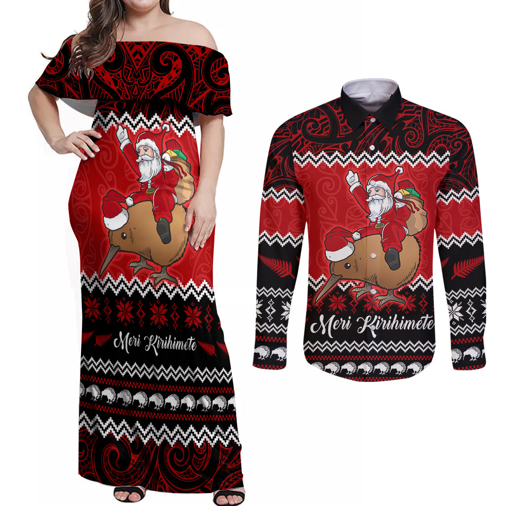 Personalised New Zealand Christmas Couples Matching Off Shoulder Maxi Dress and Long Sleeve Button Shirt Kiwi Santa Claus Maori Meri Kirihimete LT9 - Wonder Print Shop