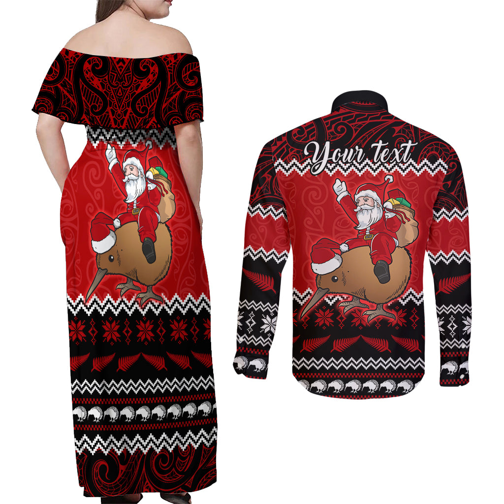 Personalised New Zealand Christmas Couples Matching Off Shoulder Maxi Dress and Long Sleeve Button Shirt Kiwi Santa Claus Maori Meri Kirihimete LT9 - Wonder Print Shop